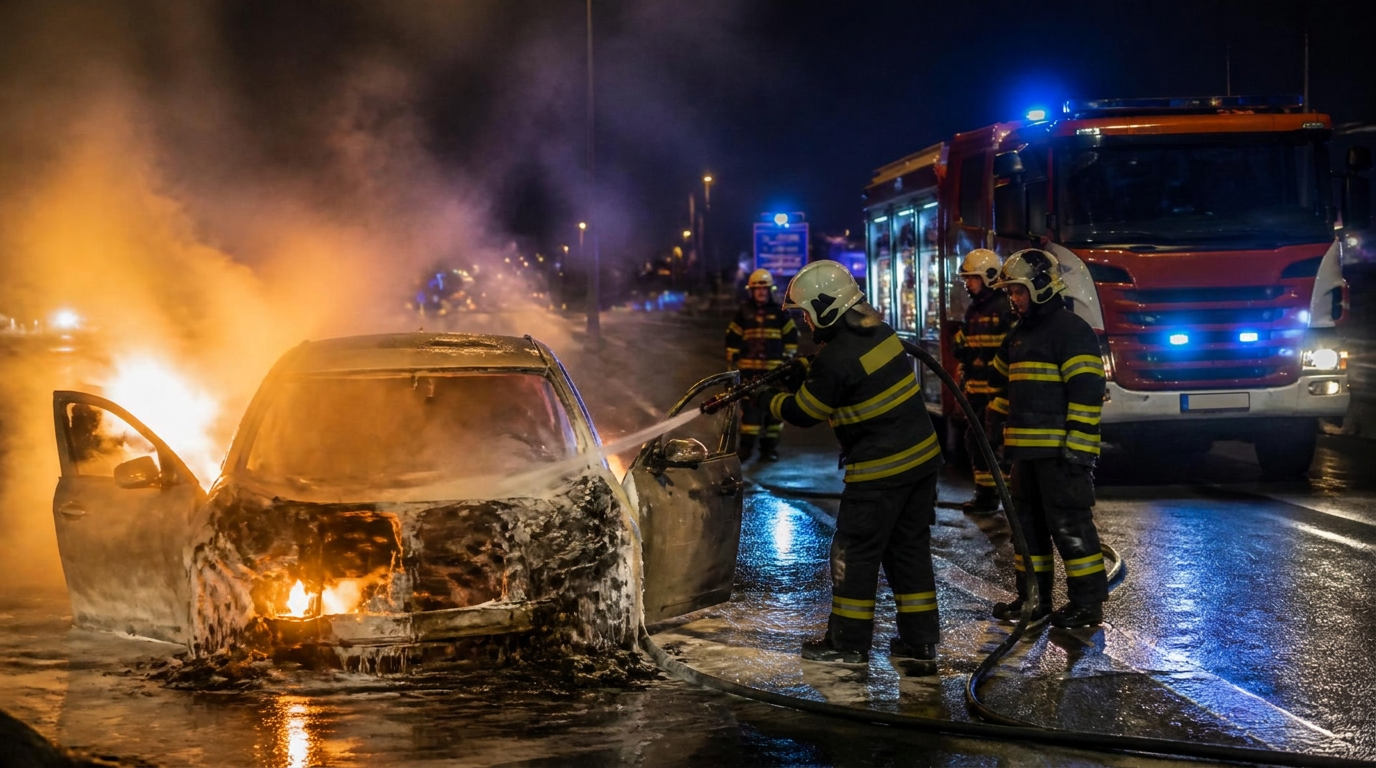 Hasiči při nočním zásahu u hořícího elektromobilu